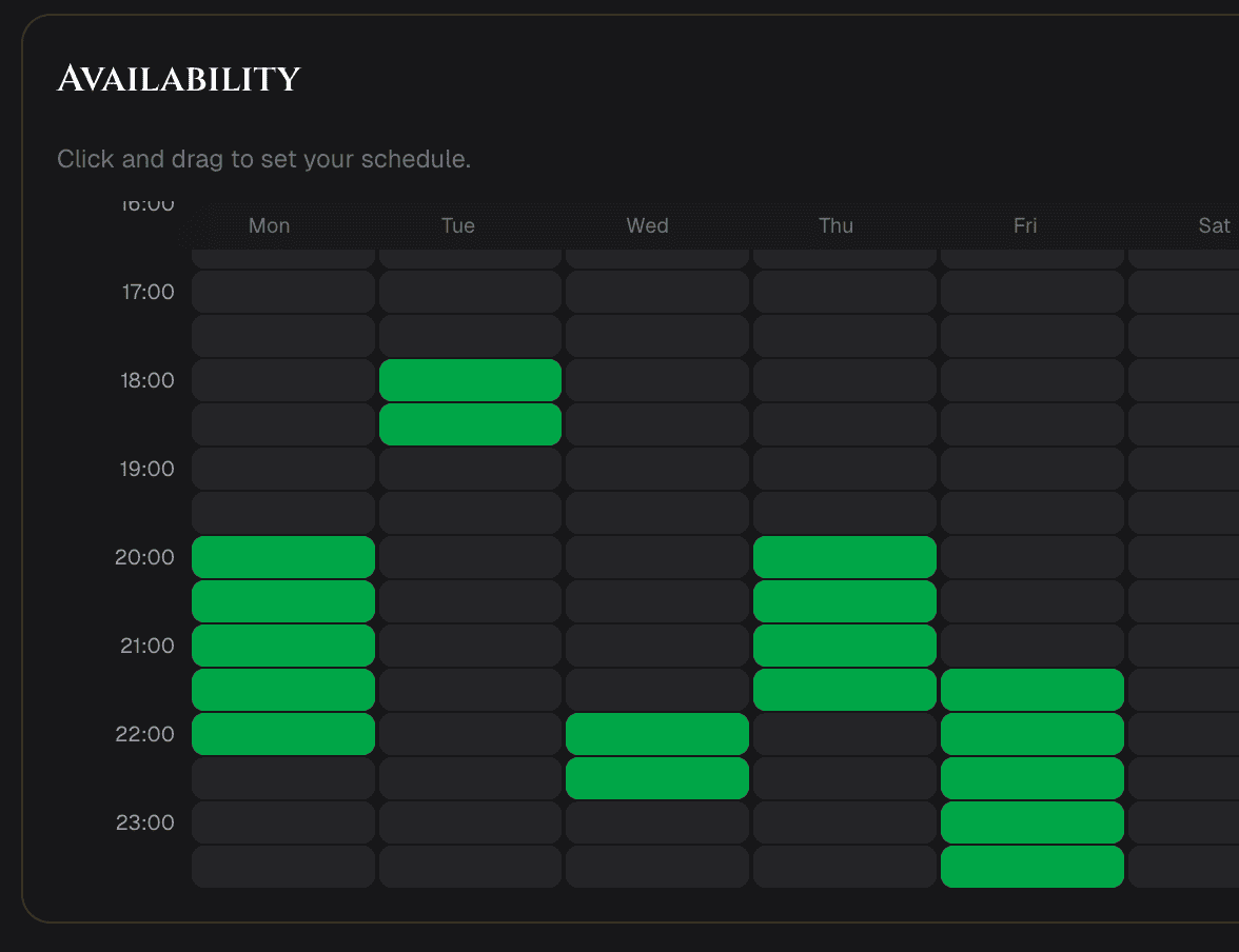 Weekly availability schedule grid