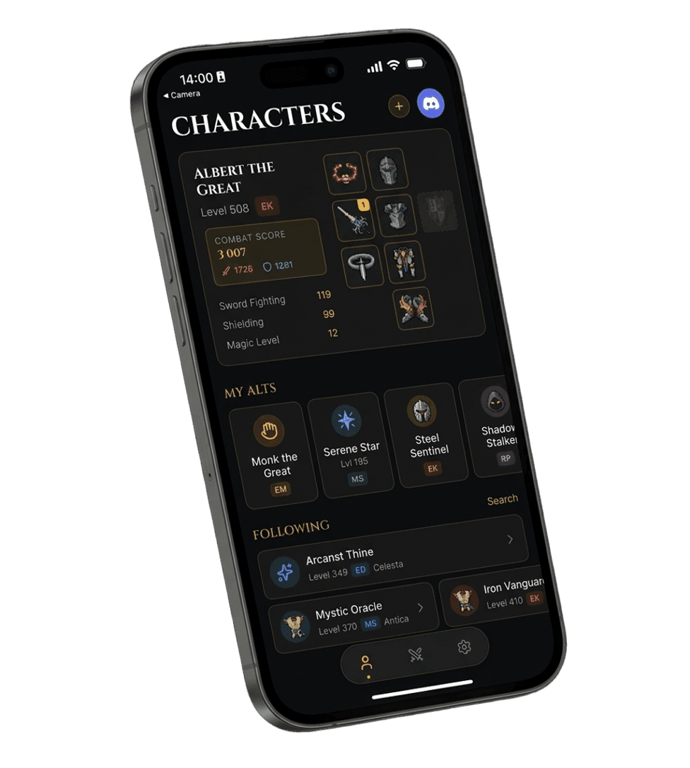 Tibia Square mobile app showing character profile and hunt stats