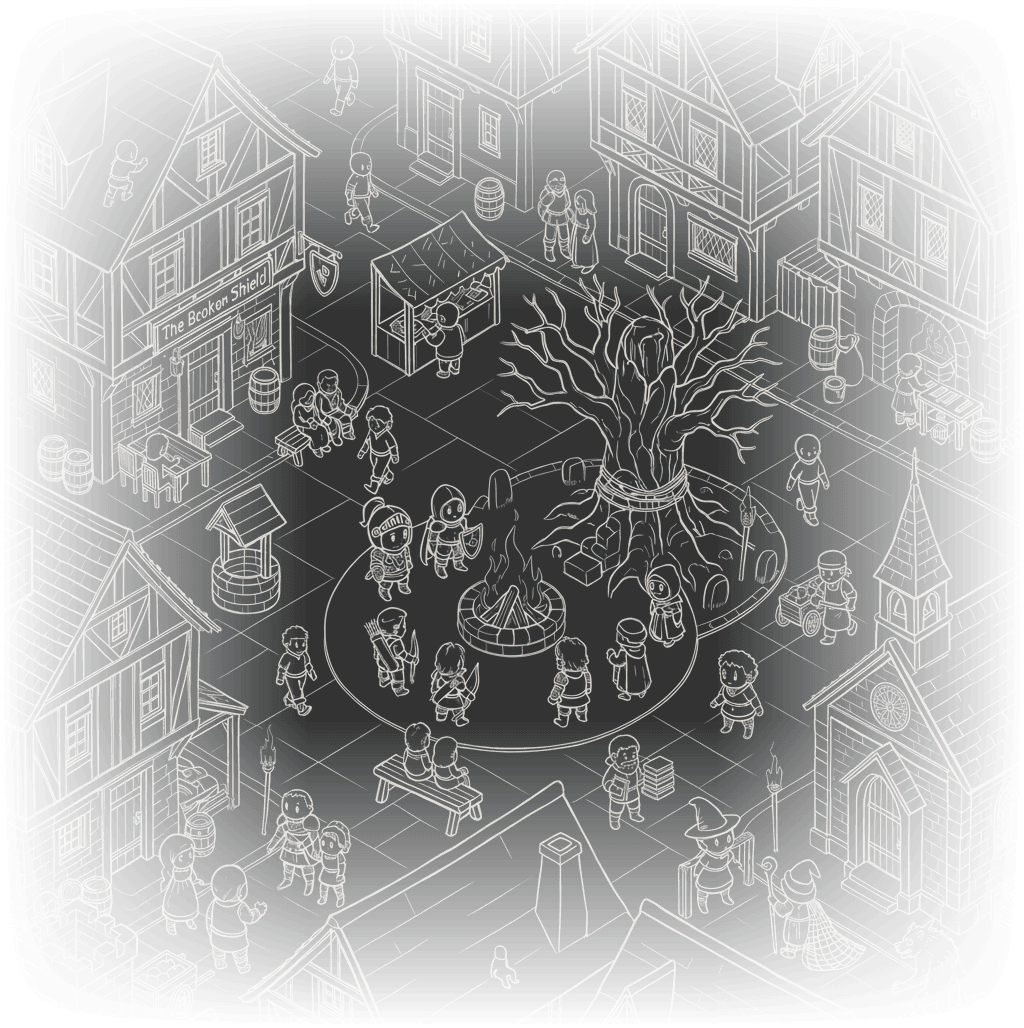 Illustrated medieval town square with adventurers gathering